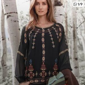 Sundance 100% Silk Black Boho Embroidered Blouse